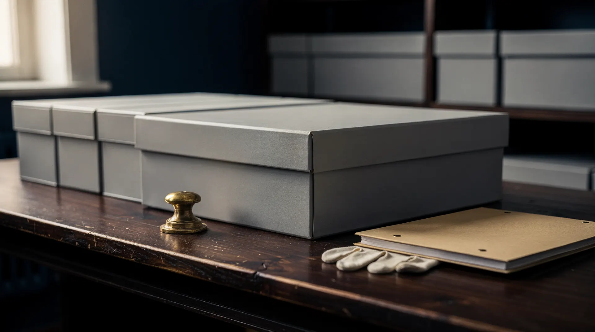 Closed archival folders sit beneath a brass paperweight on a dark wooden desk.