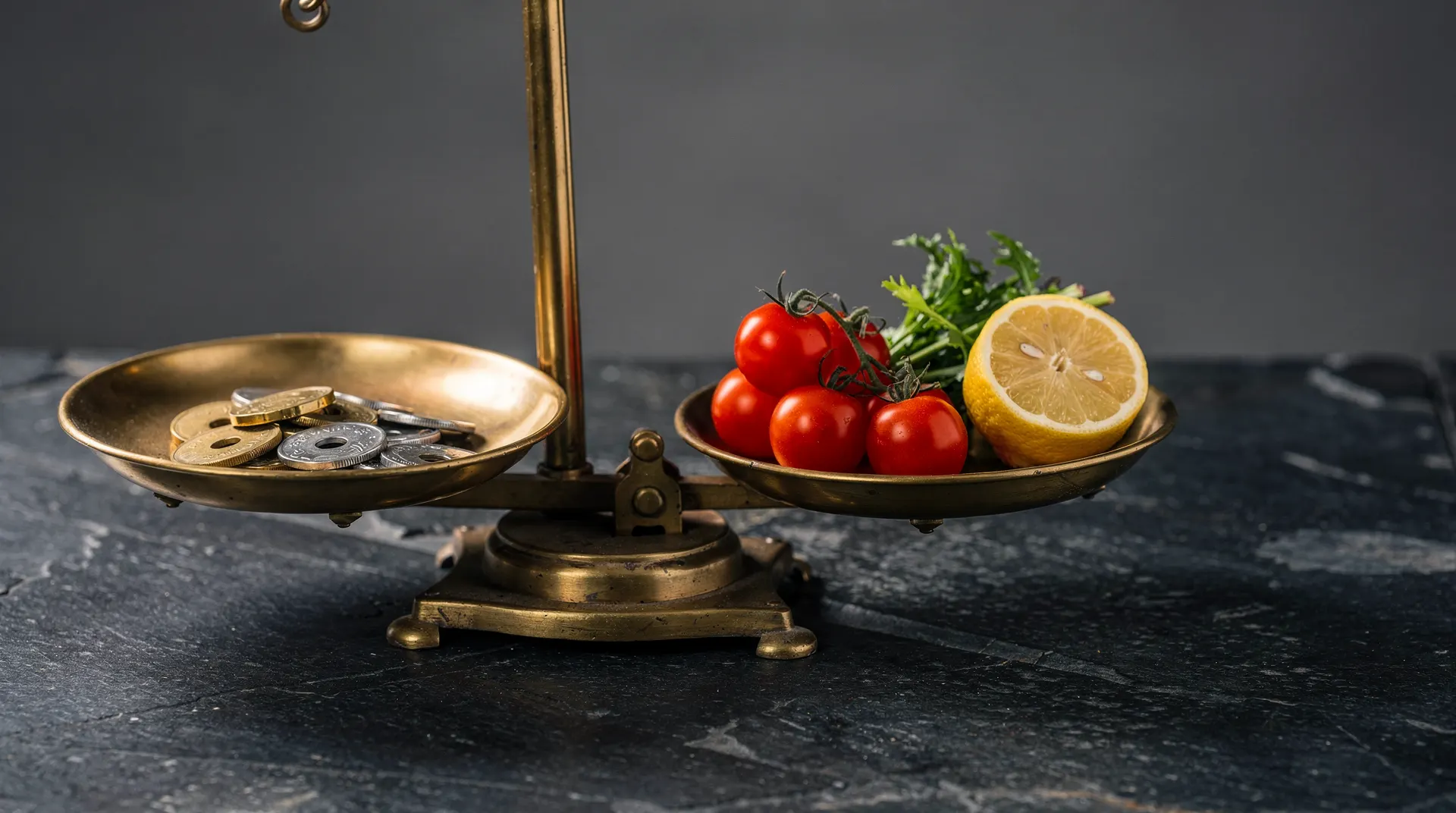 A brass balance scale holds plain coins on one side and fresh produce on the other.