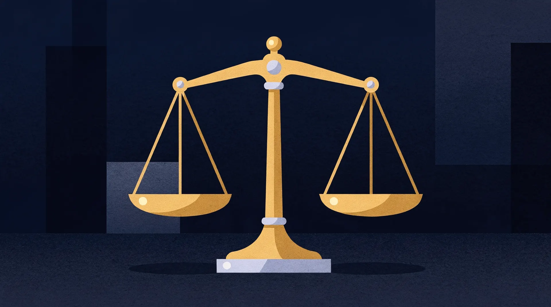 A brass balance scale holds unequal stacks of unmarked metal discs, with the heavier pan hanging lower.