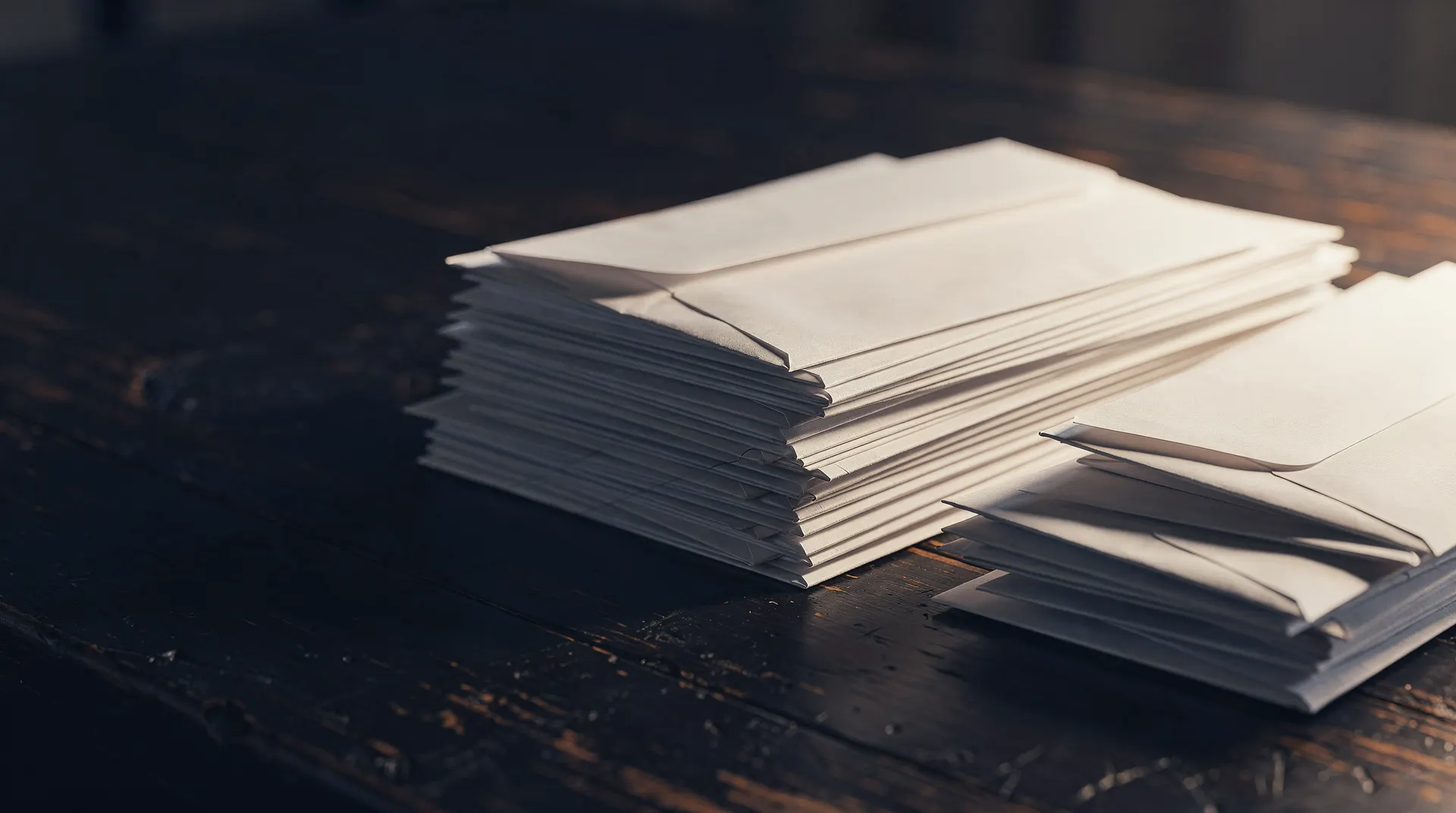 Stacks of sealed, unmarked envelopes sit on a dark wooden table.