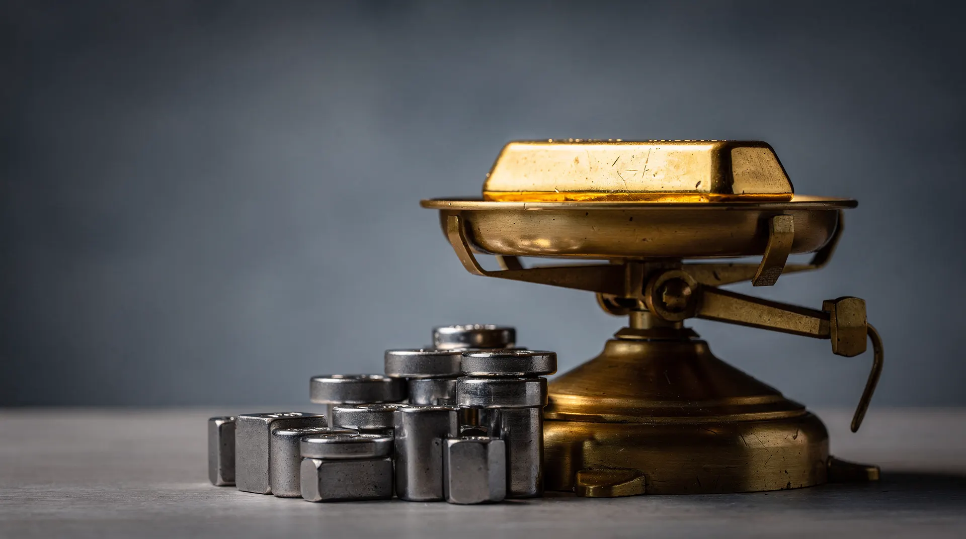 An unmarked gold bar sits on one side of a brass balance scale, opposite heavier metal weights.