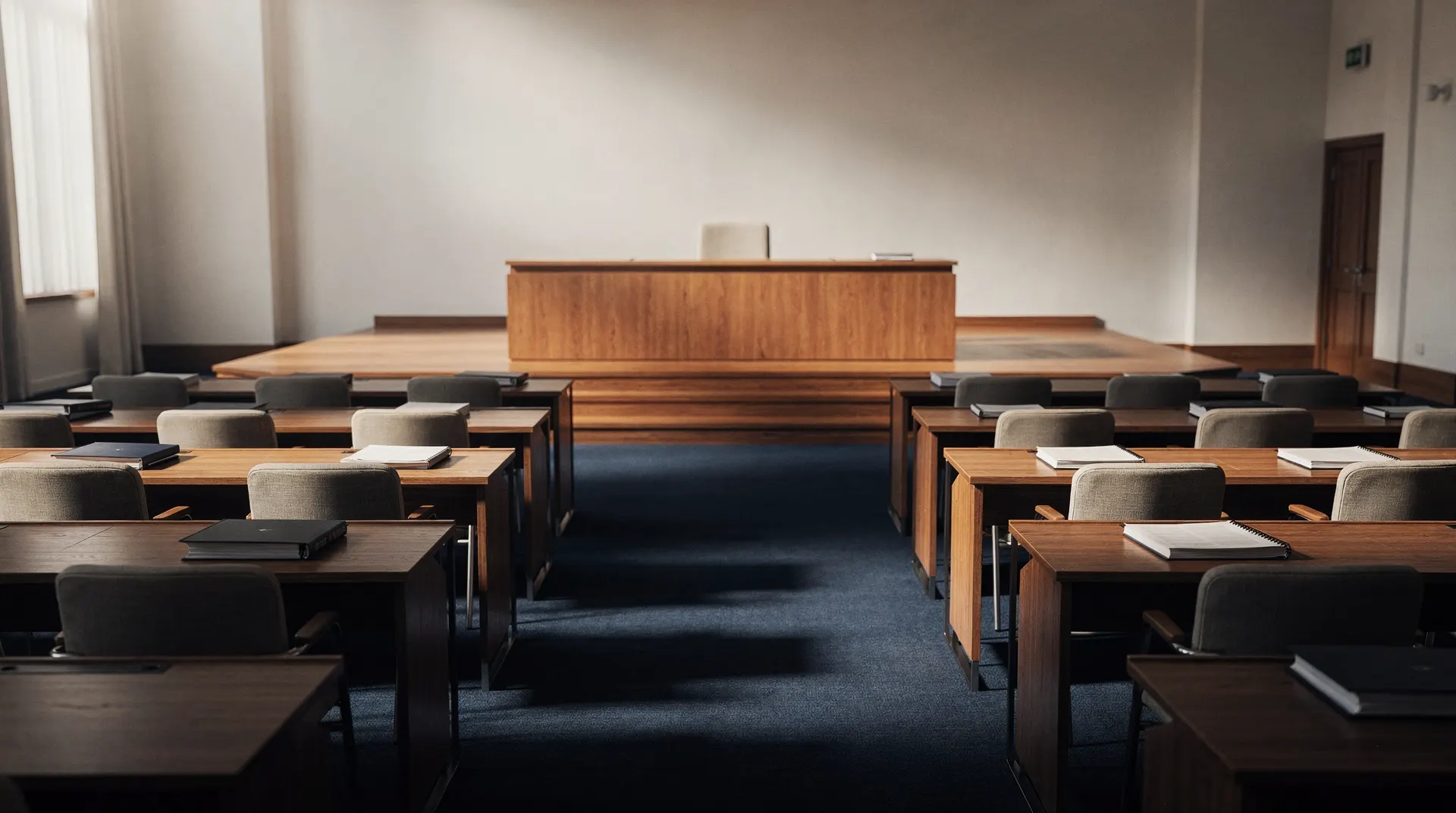 Warm light falls across empty wooden desks in a legislative chamber facing a plain dais.