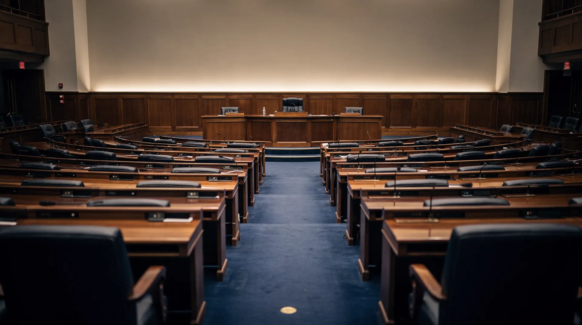Empty legislative chamber with curved rows of seats leading toward a vacant presiding desk.