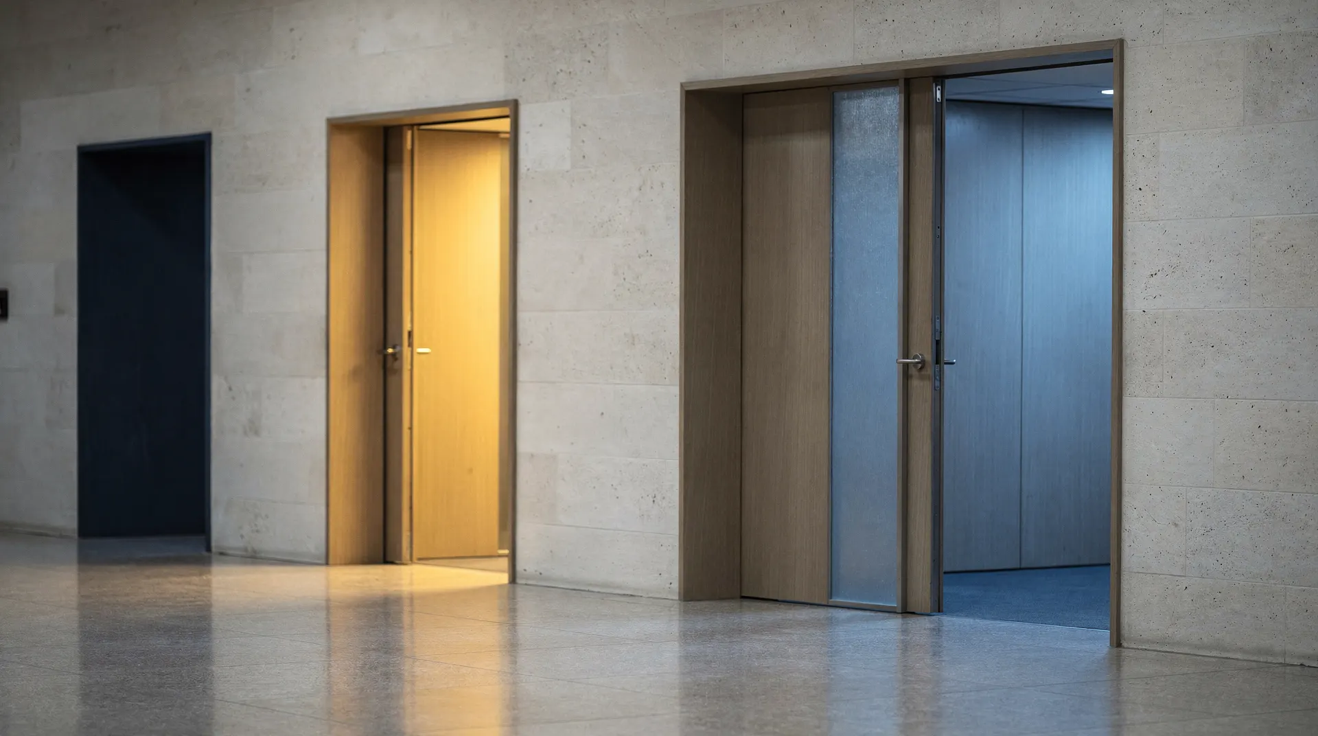 Two unmarked legislative-chamber doorways open onto spaces lit in contrasting warm and cool tones.