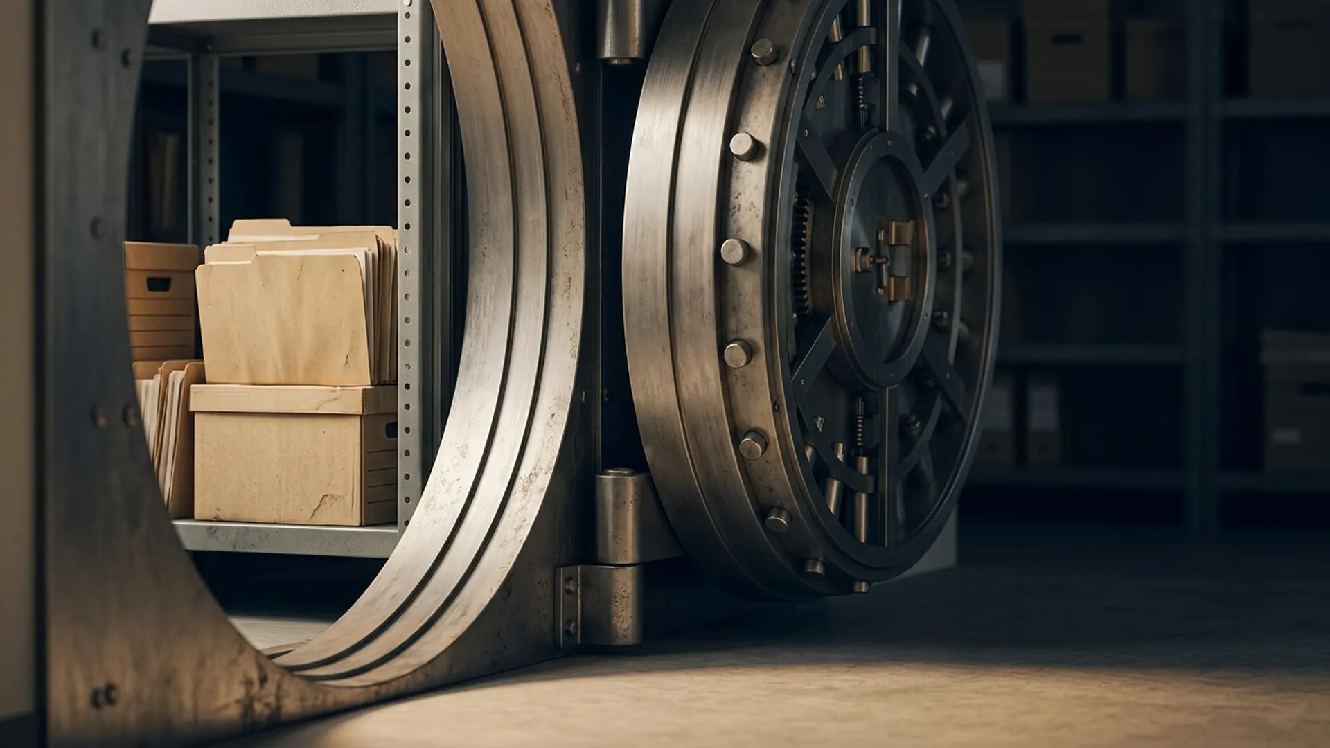 A heavy vault door stands partly open beside a stack of unmarked archival folders.