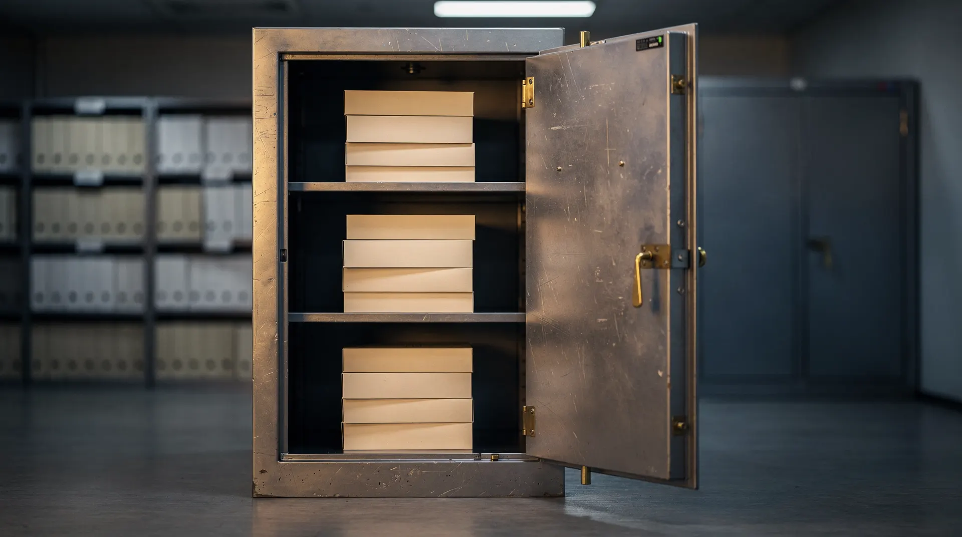 An open steel bank vault reveals orderly stacks of unmarked folders on shelves.