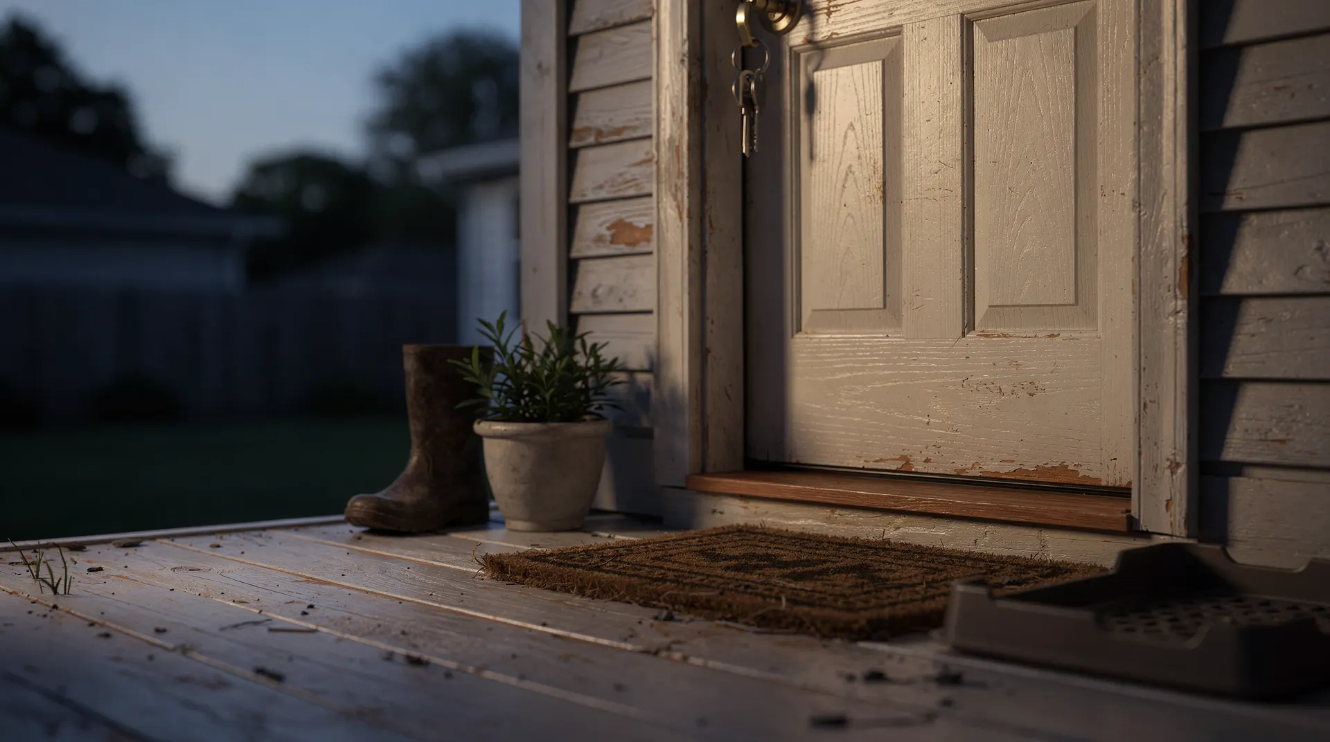 A keyring hangs from the lock of a closed suburban front door at dusk.