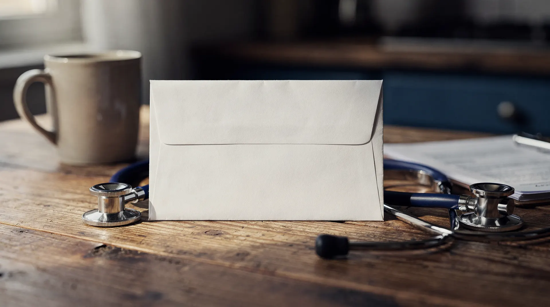 An unmarked envelope sits beside a stethoscope on a kitchen table in soft window light.
