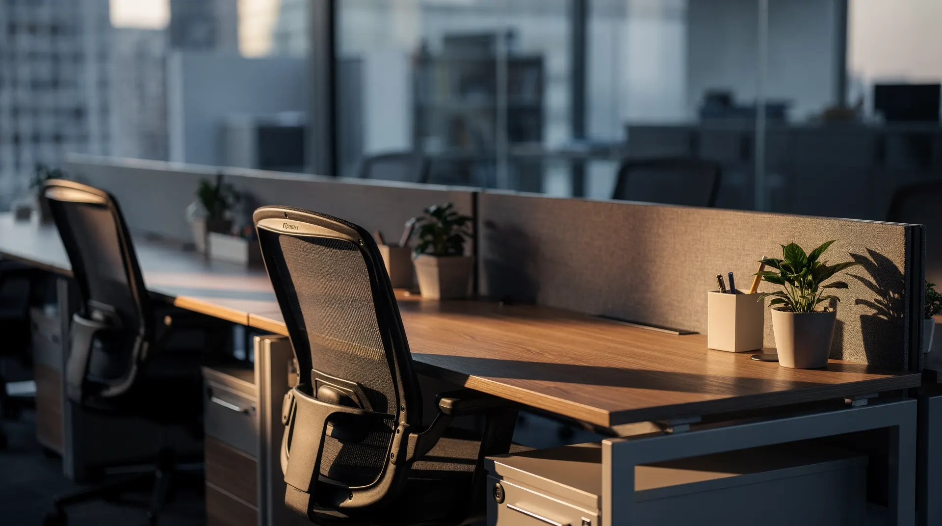 Empty office desks at dawn, with one chair pulled out in soft morning light.