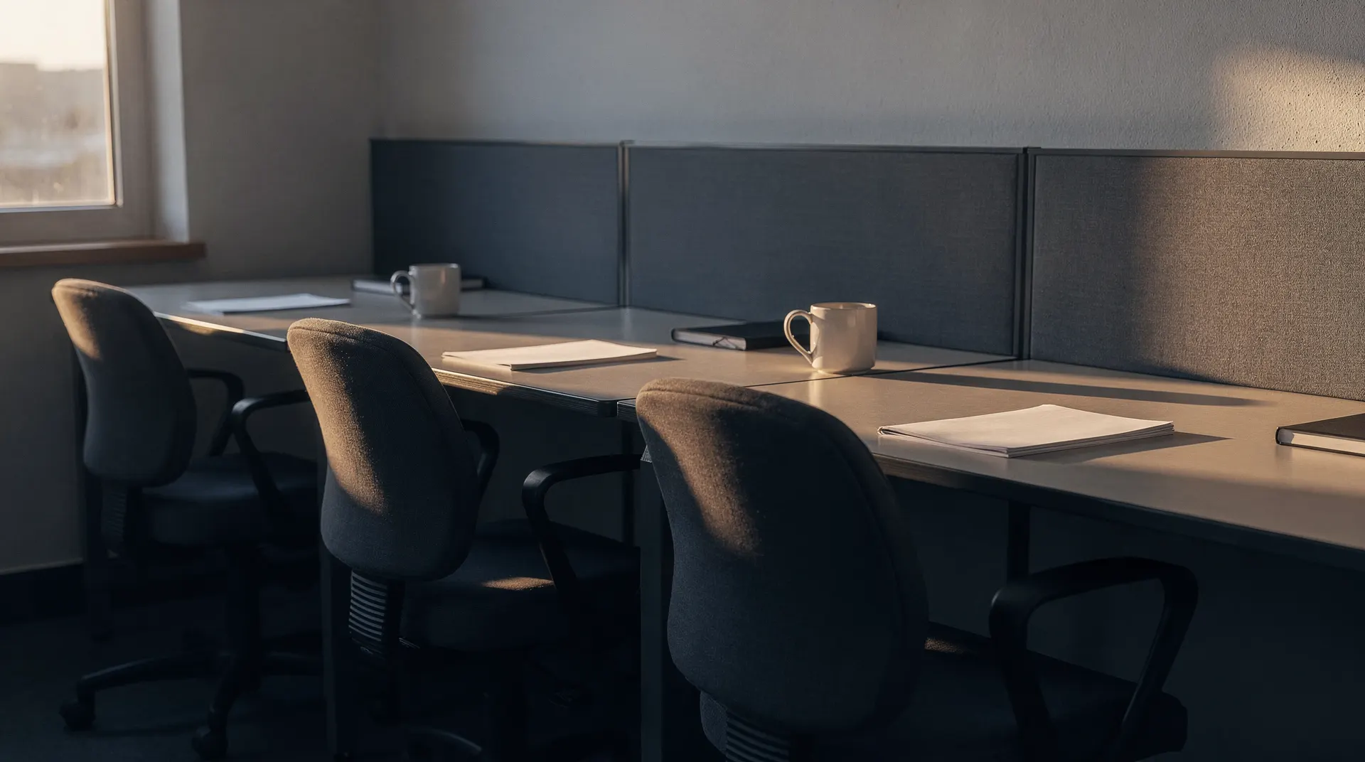 Unoccupied office desks and chairs sit in soft morning light.