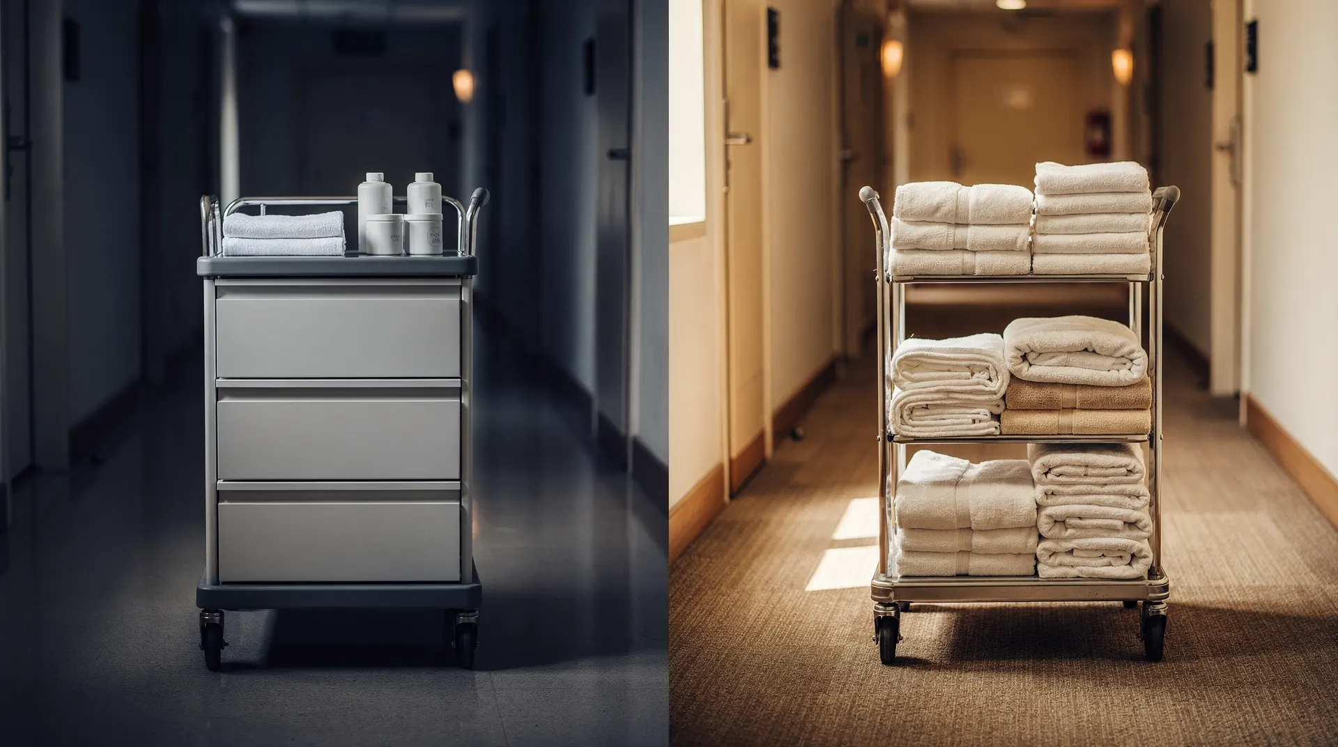 A hospital supply cart and a hotel housekeeping cart stand in separate, quiet corridors.