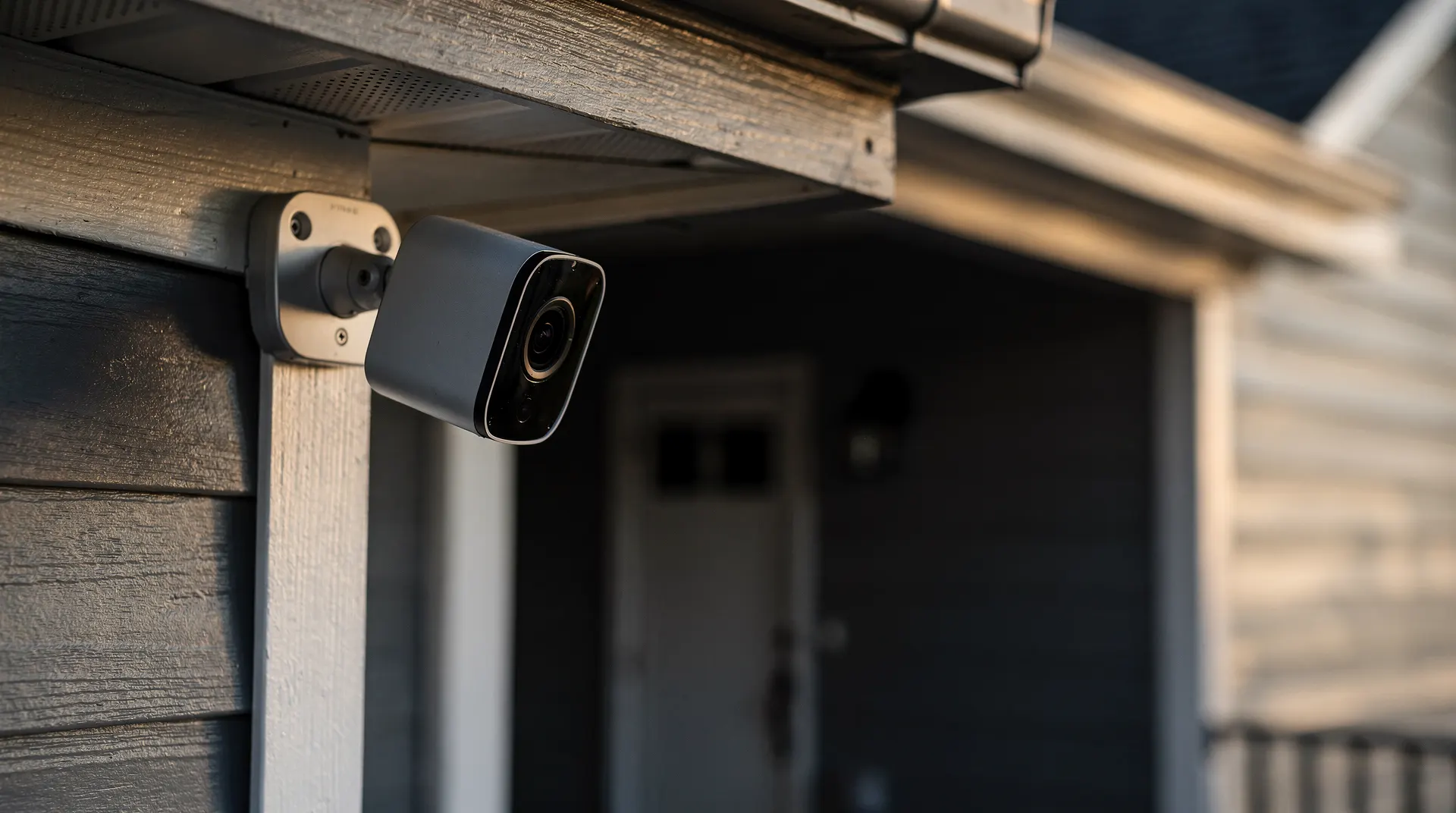 An unbranded security camera sits beneath a house eave, with a porch blurred behind it.