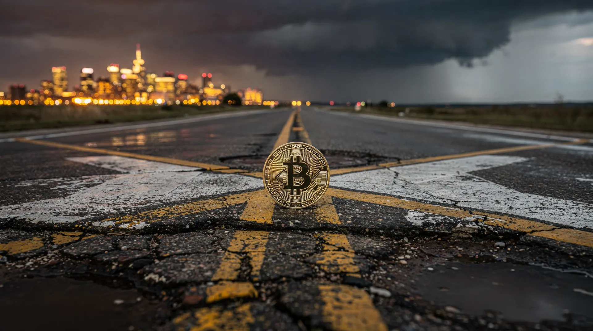 A golden Bitcoin coin stands upright on a cracked asphalt road with yellow and white markings, leading to a blurry city skyline at dusk. Dark storm clouds gather overhead.