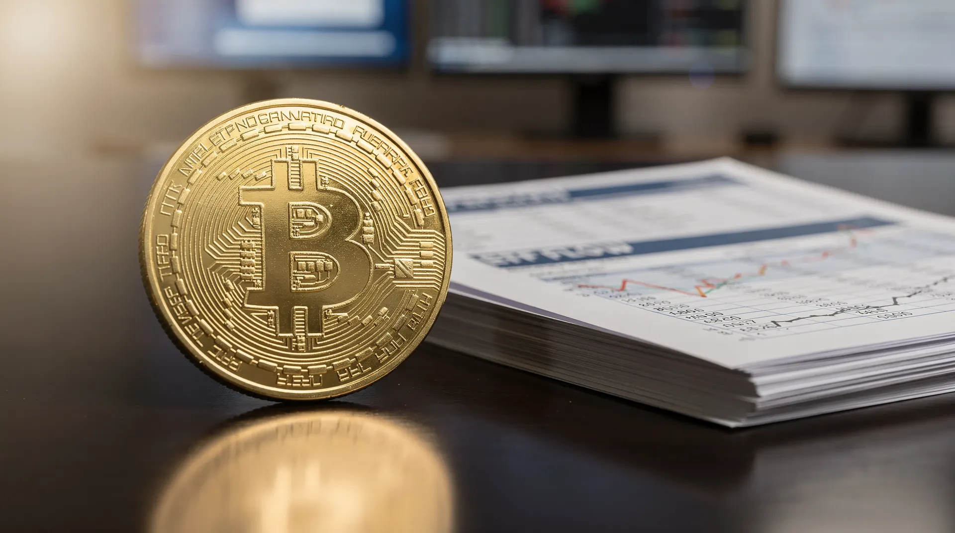 Close-up of a physical golden Bitcoin coin standing upright next to a stack of financial reports with charts and graphs.