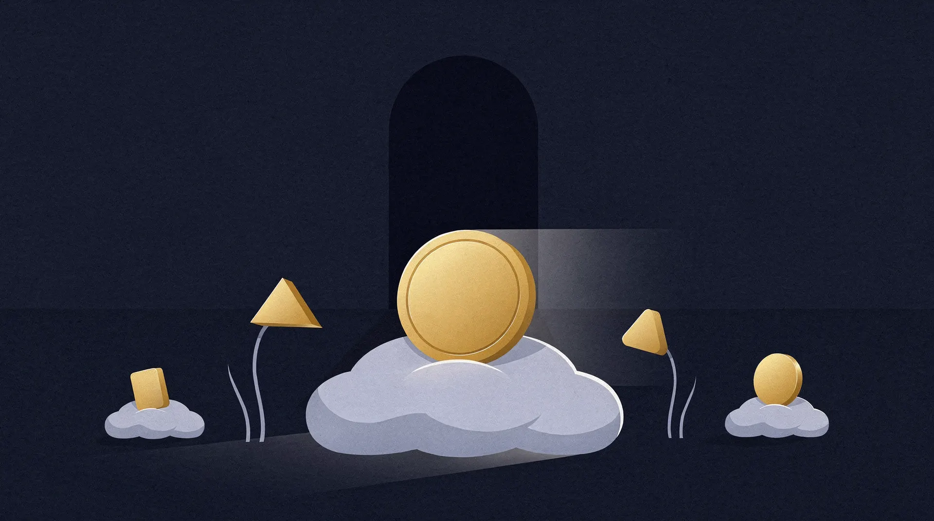 Illustration of a large gold coin on a cloud, with smaller coins on clouds and abstract gold shapes against a dark background.
