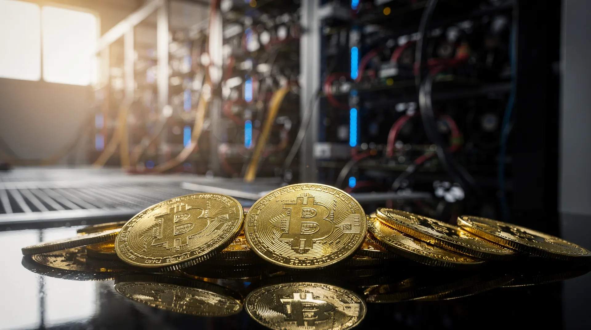 Close-up of golden Bitcoin coins in foreground with blurred cryptocurrency mining hardware racks and bright light in background.