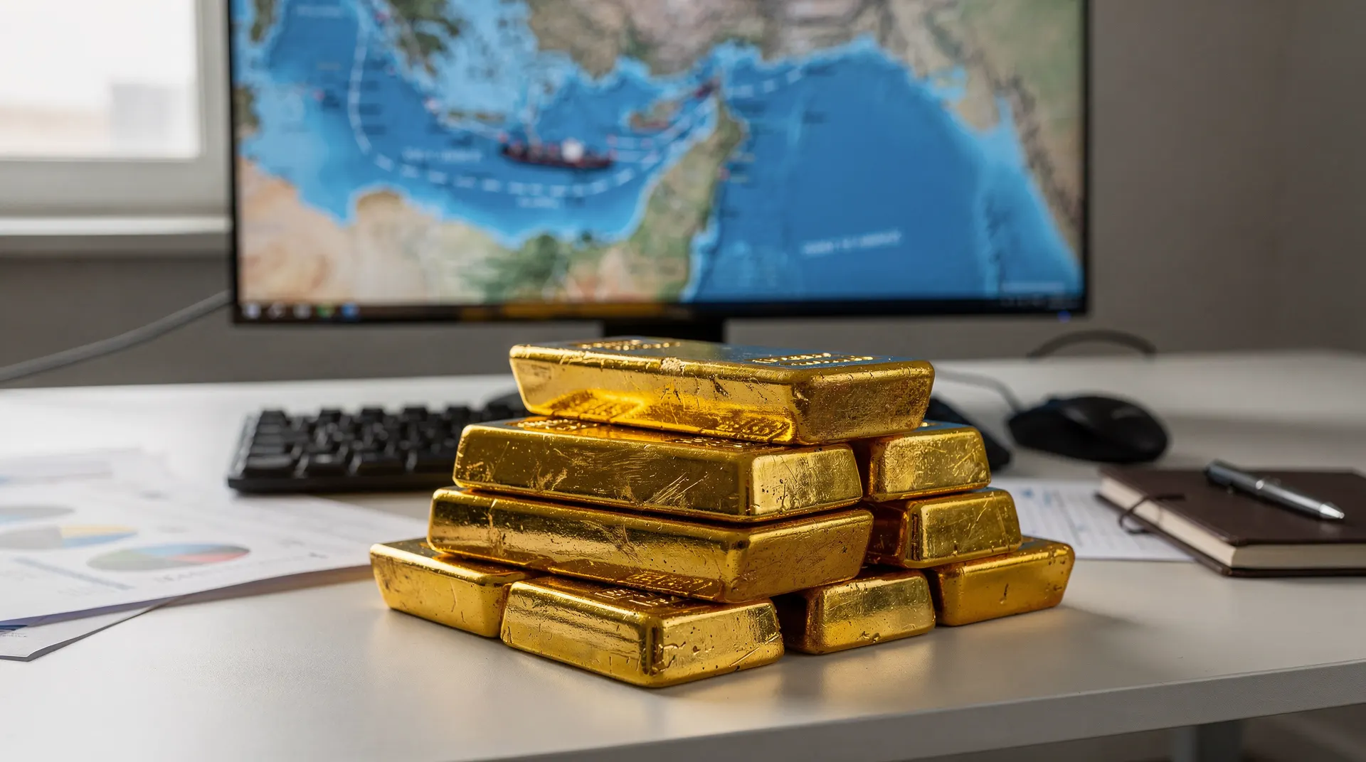 A stack of gleaming gold bars sits on a desk in the foreground, with a computer monitor displaying a map of the Strait of Hormuz in the blurred background. A keyboard, mouse, notebook, and pen are also visible on the desk.