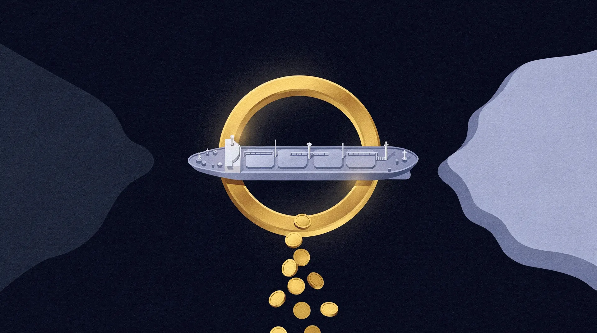 An illustration of a large grey oil tanker sailing through a golden ring, with gold coins falling from below the ring into a dark background.