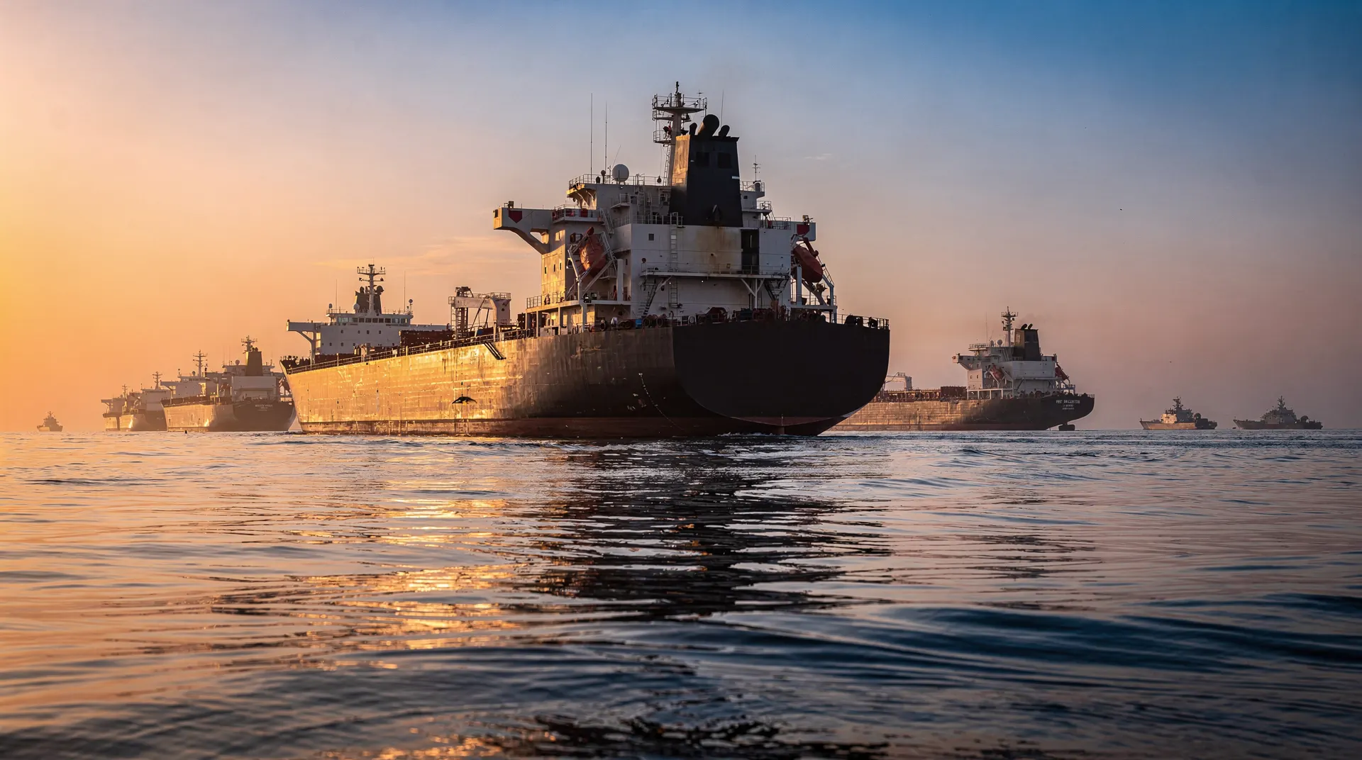 Several large oil tankers and smaller warships navigate a calm sea at sunrise or sunset, with warm light reflecting on the water.
