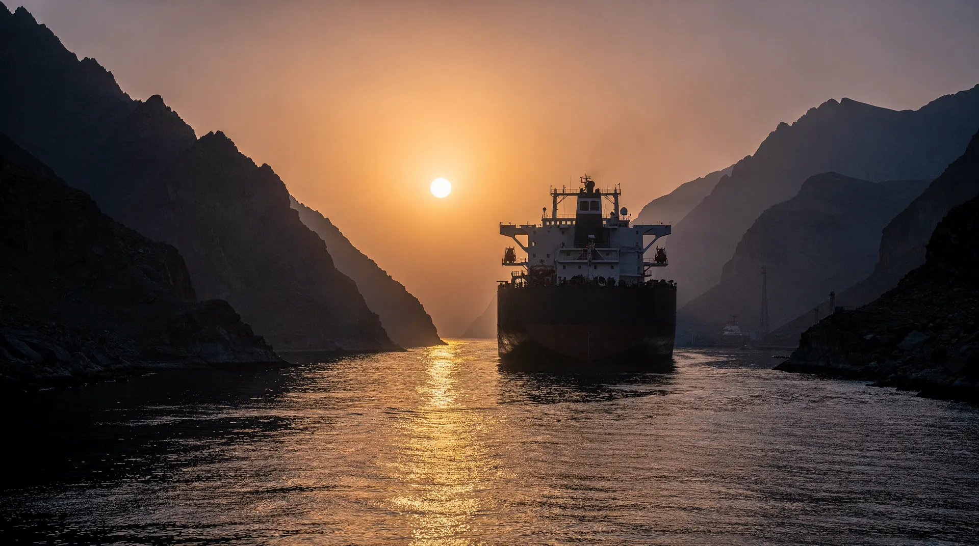 A large oil tanker sails through a narrow strait at sunset, with tall, dark mountains rising on both sides of the water.