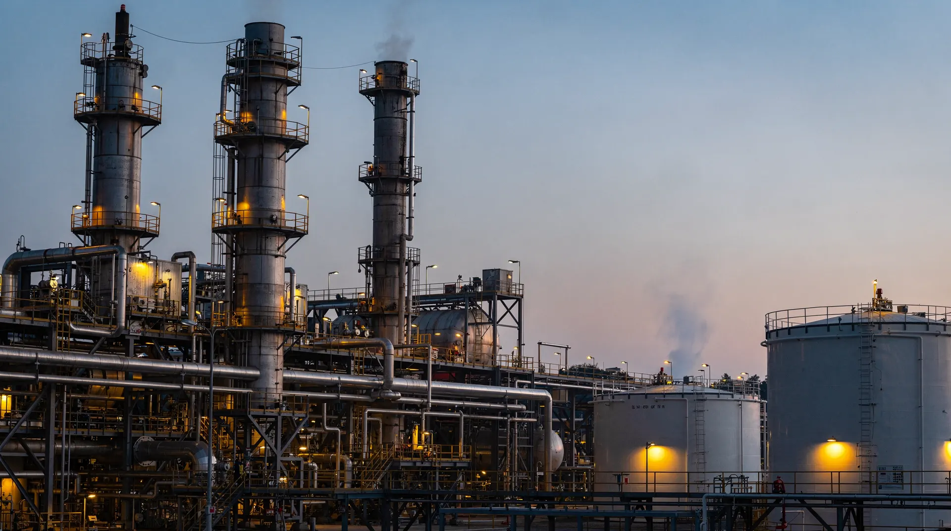 Intact refinery towers and storage tanks stand beneath a hazy dawn sky.