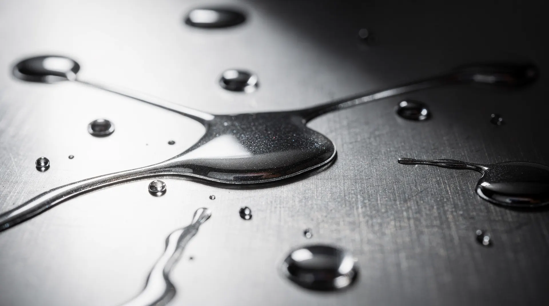 liquid mercury or a similar metallic liquid spilled and forming drops and puddles on a brushed metal surface