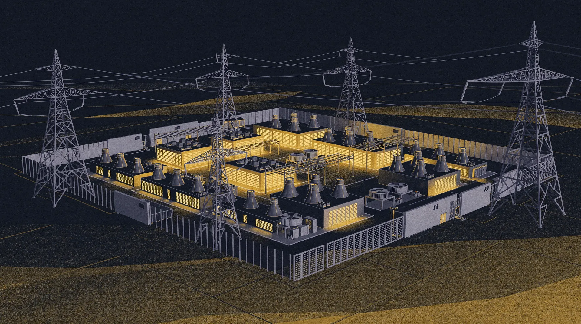 An isometric illustration of a large industrial complex resembling a data center or power plant, with glowing buildings and power lines.