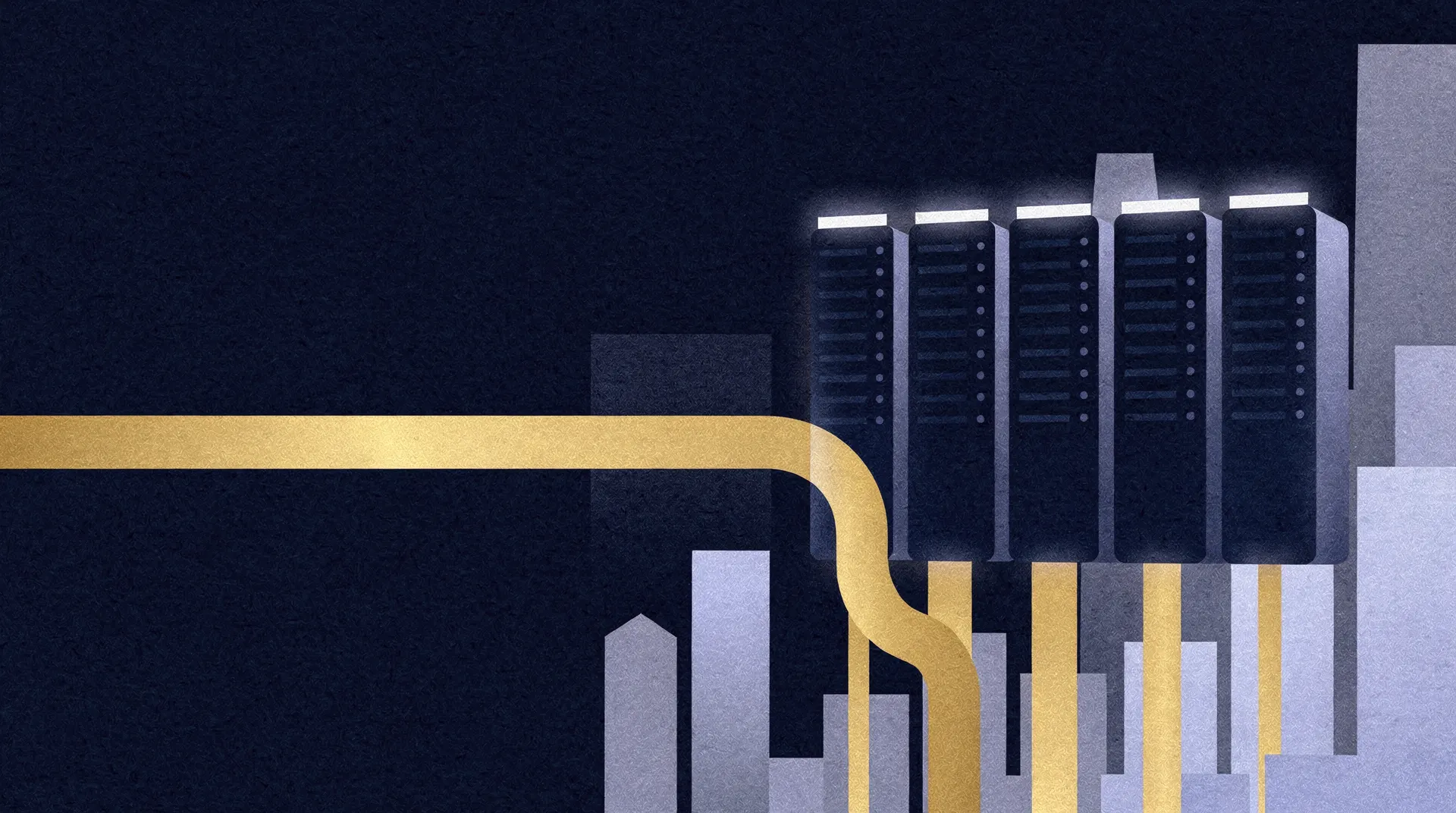 Stylized illustration of server racks with glowing tops, connected by a winding golden data stream to a cityscape of bar graphs.