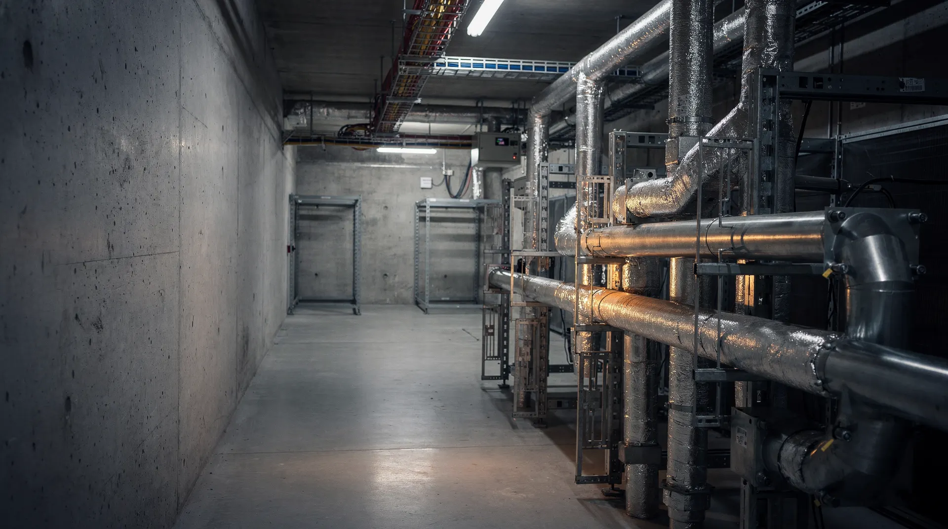 Server racks recede toward empty bays in a dimly lit data center aisle.