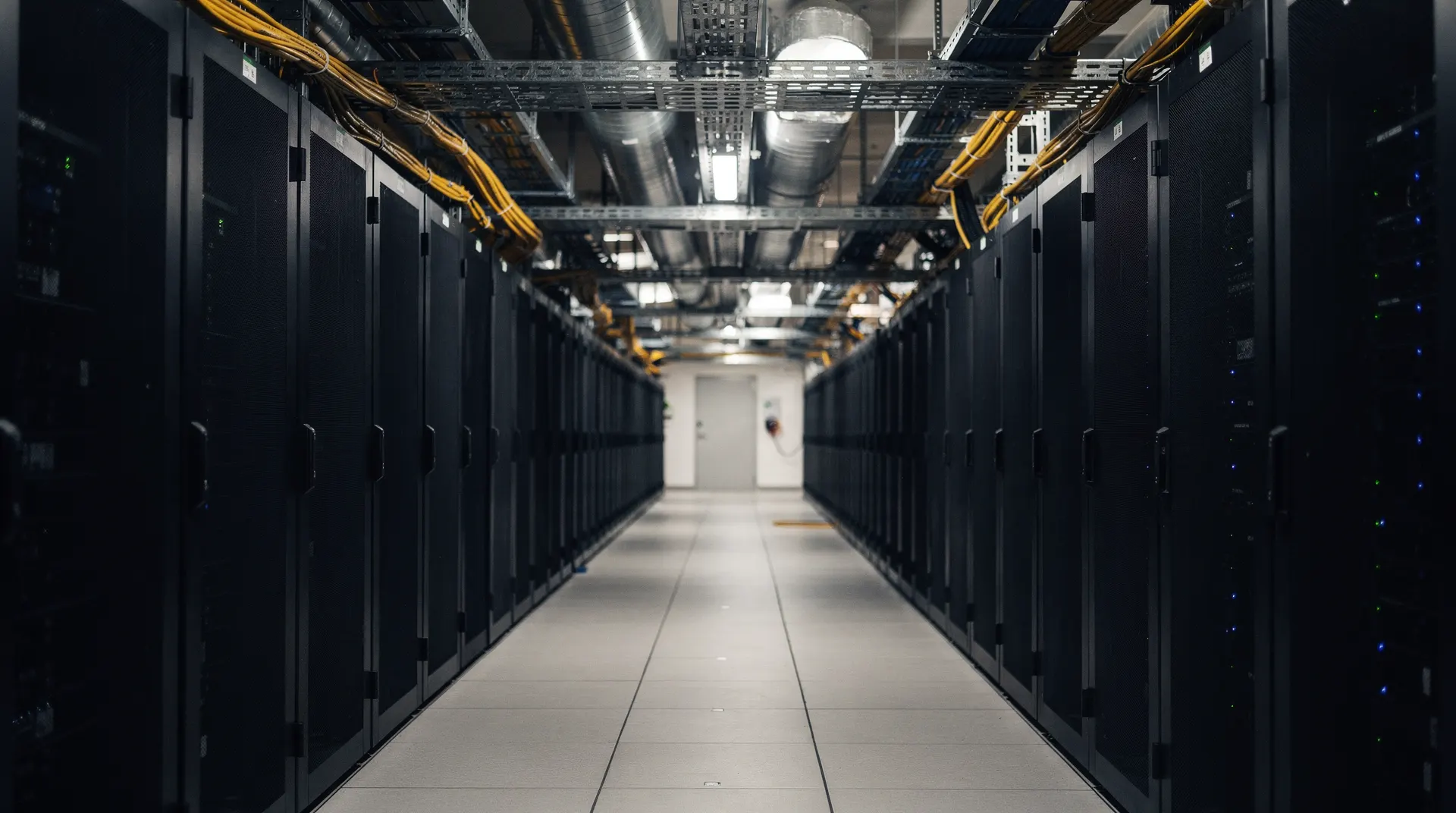 Server racks fill a dim data-center aisle beneath cooling ducts and electrical conduits.