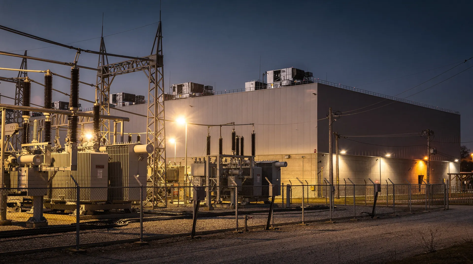 Transformers and transmission lines stand beside a data-center hall at dusk.