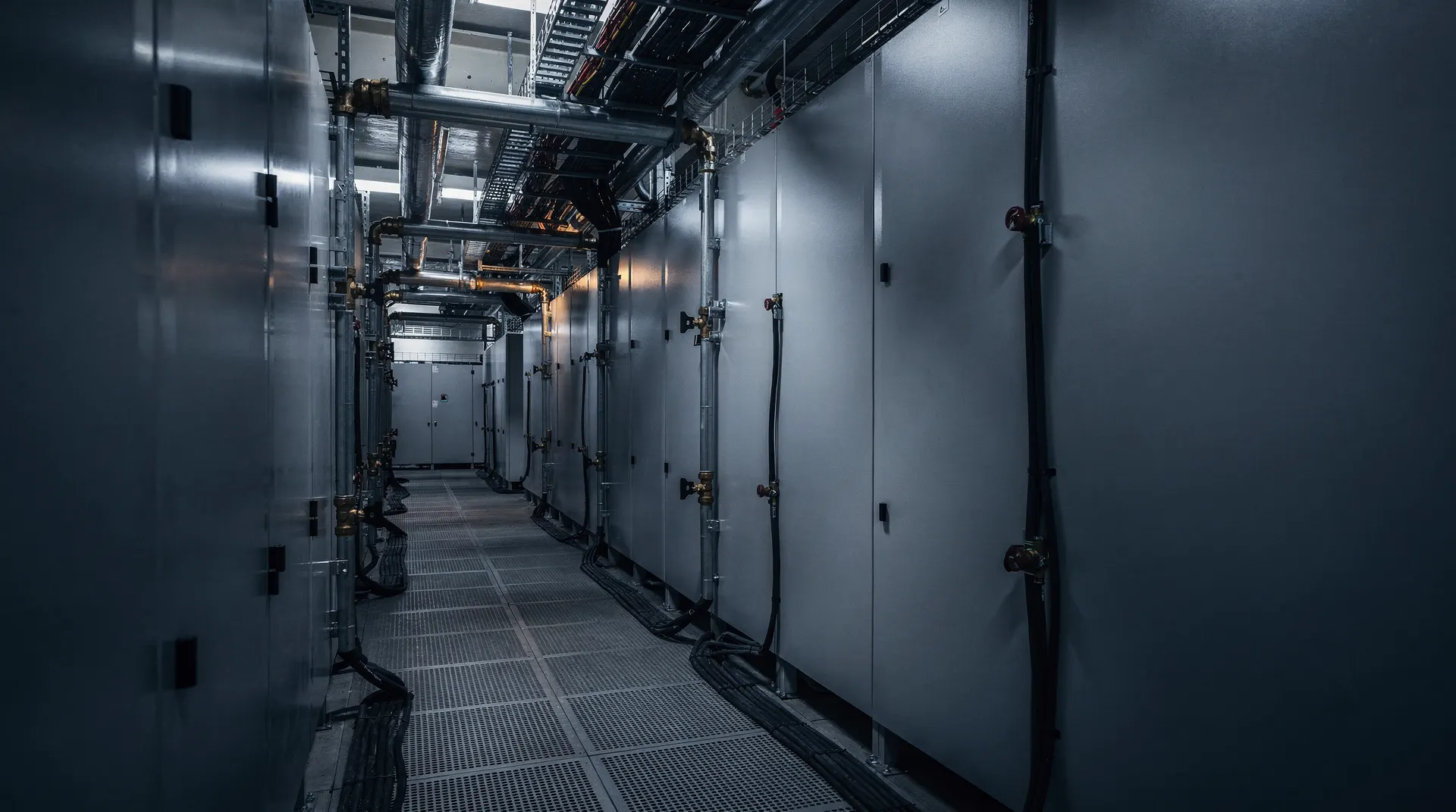 Server racks recede down a blue-lit data center aisle beneath cooling pipes and cable trays.