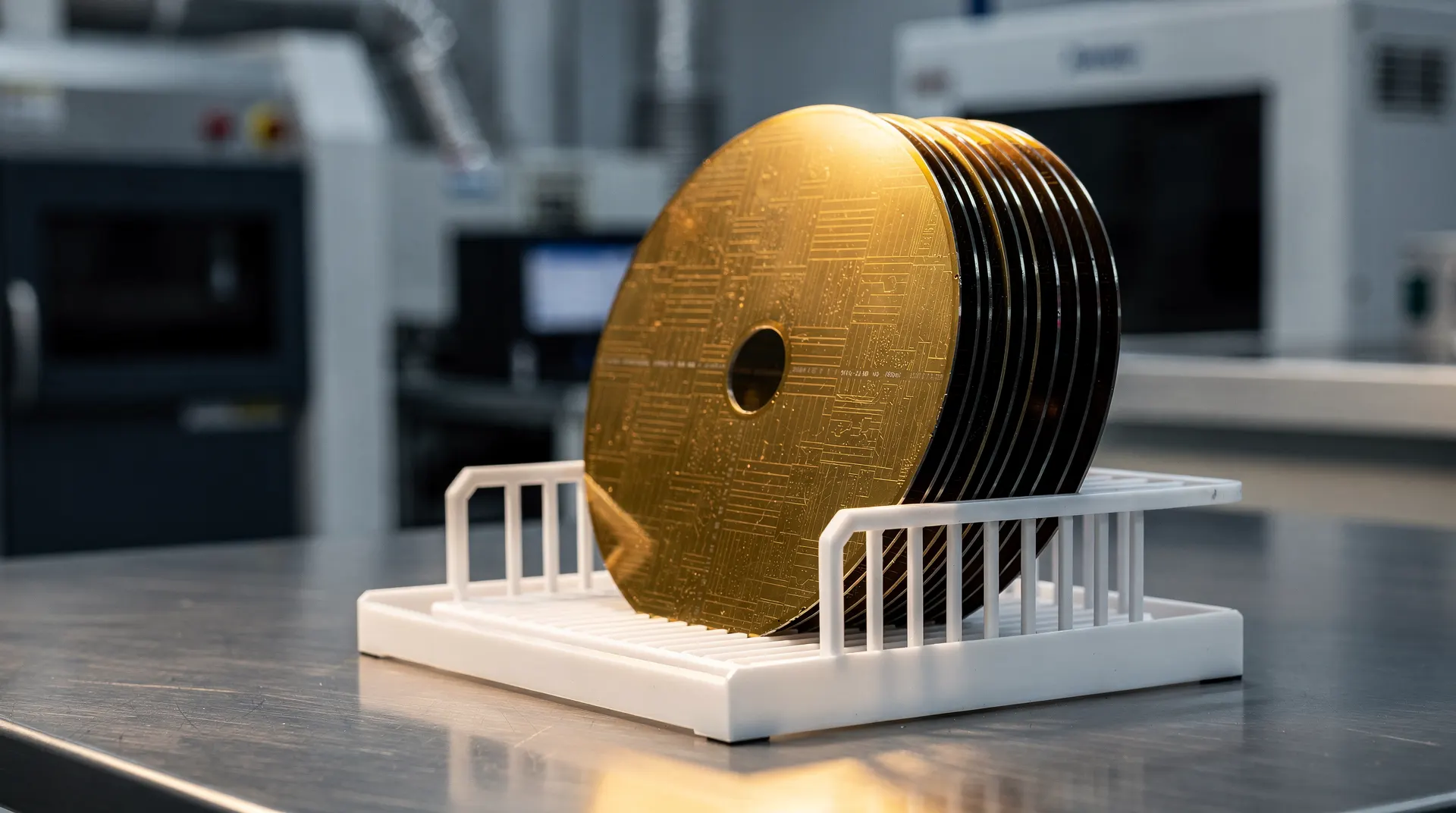 Silicon wafers stand in a cleanroom carrier, with fabrication equipment blurred behind them.
