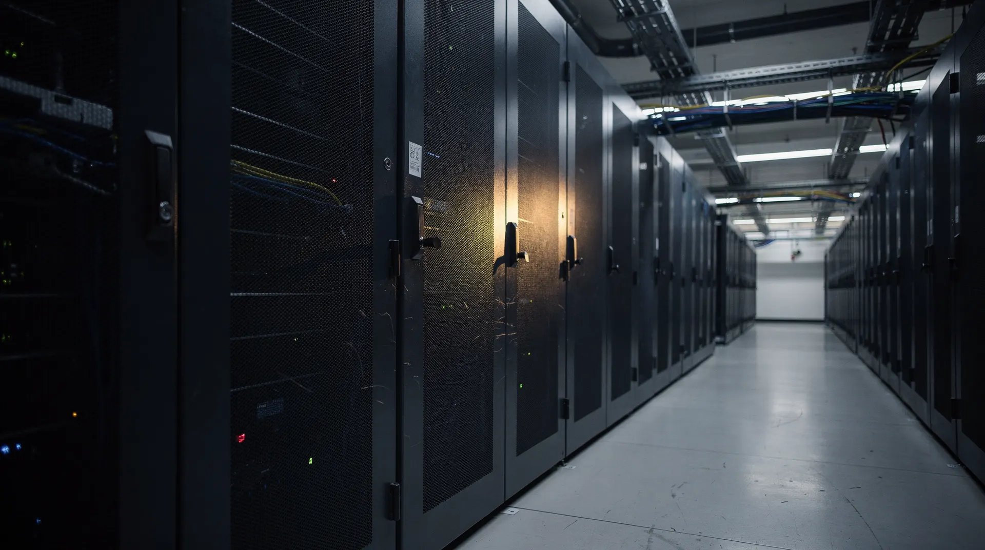 Sealed server racks recede into a dim datacenter aisle under overhead conduits.