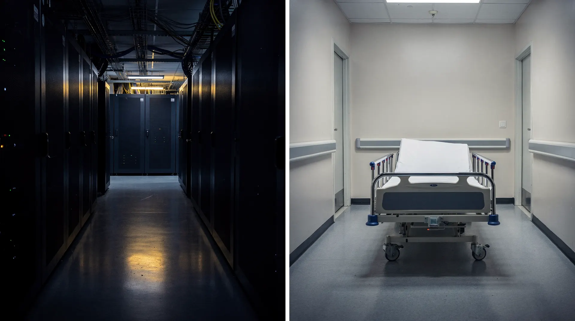 Closed server racks in a dim aisle sit beside a warmly lit, empty hospital corridor with a bed.