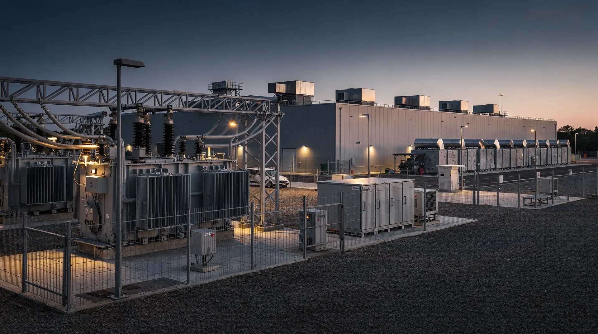 Transformers at a power substation stand in front of a low data-center building at dusk.