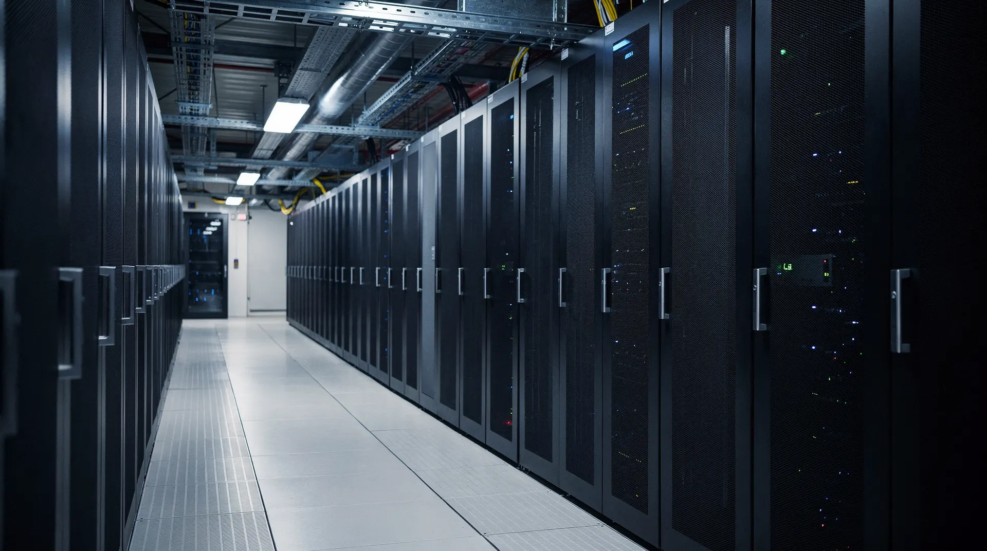 Closed server racks line an empty, blue-lit data-center aisle beneath overhead cooling pipes.