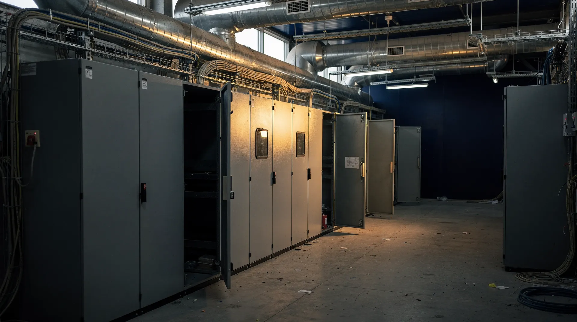 Empty data center rack bays stand beside exposed pipes and unfinished power conduits.