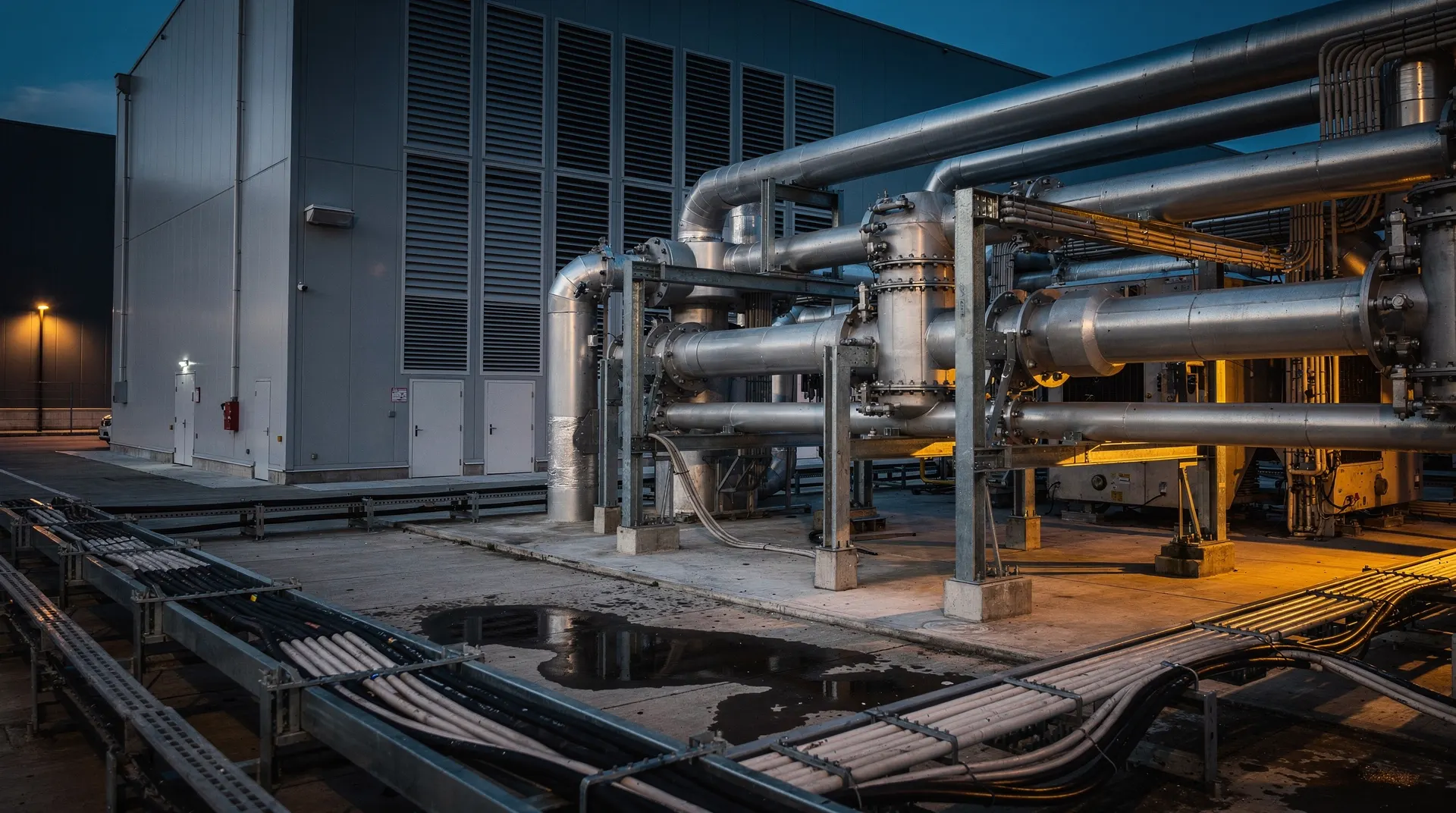 Transformer cabinets and power conduits stand outside a data center hall at dusk.