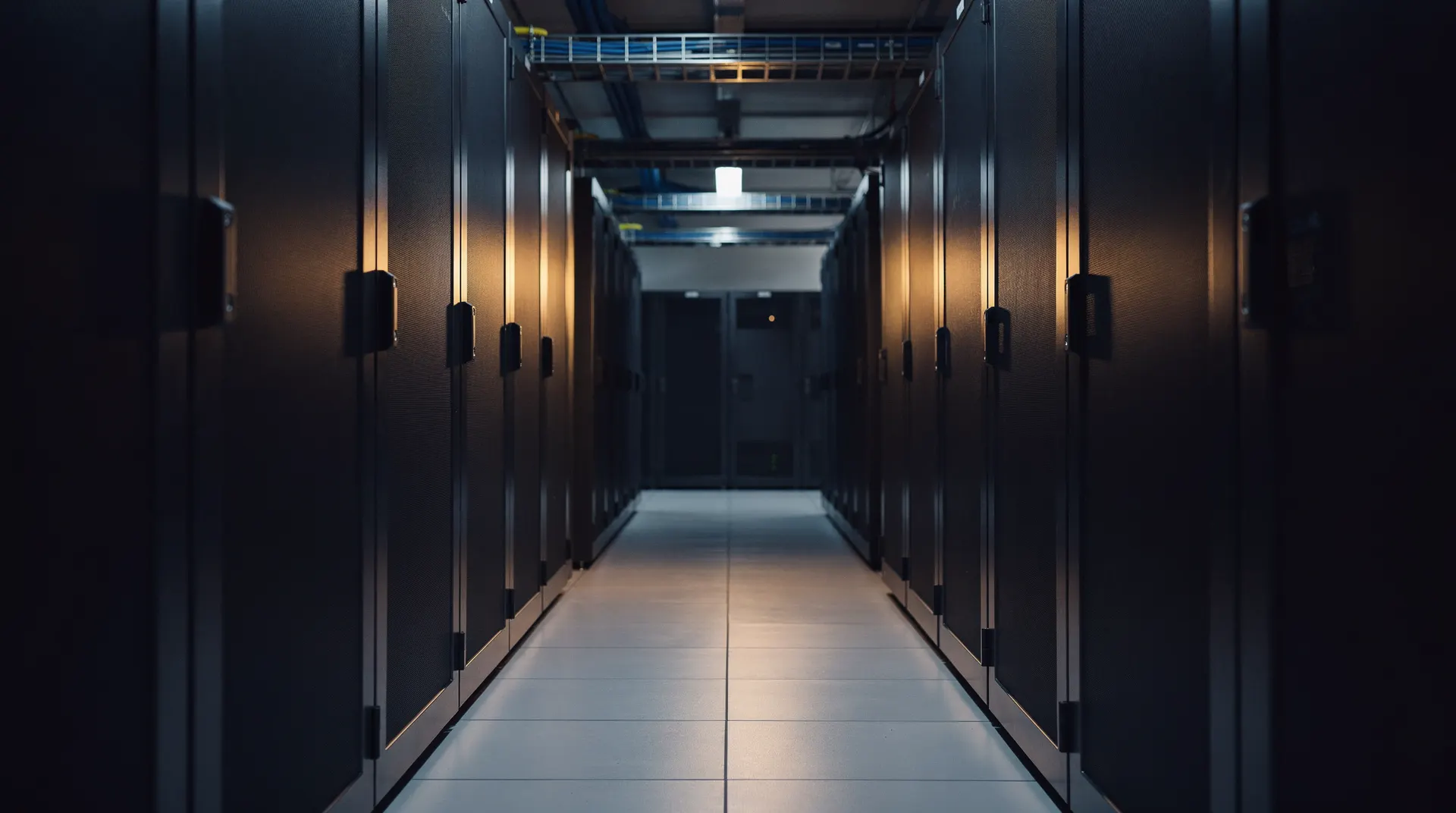Closed server cabinets recede down a dim data-center aisle beneath overhead cable trays.