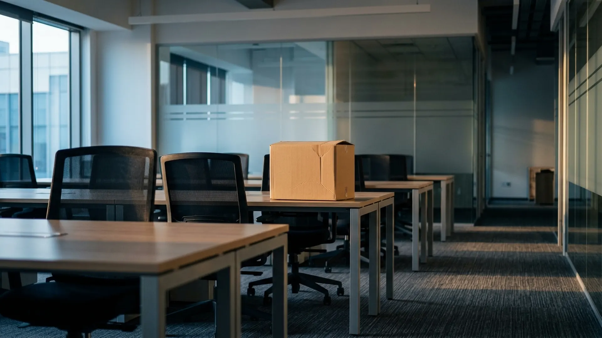 Empty office desks and pushed-in chairs sit beside an unmarked moving box in early-morning light.