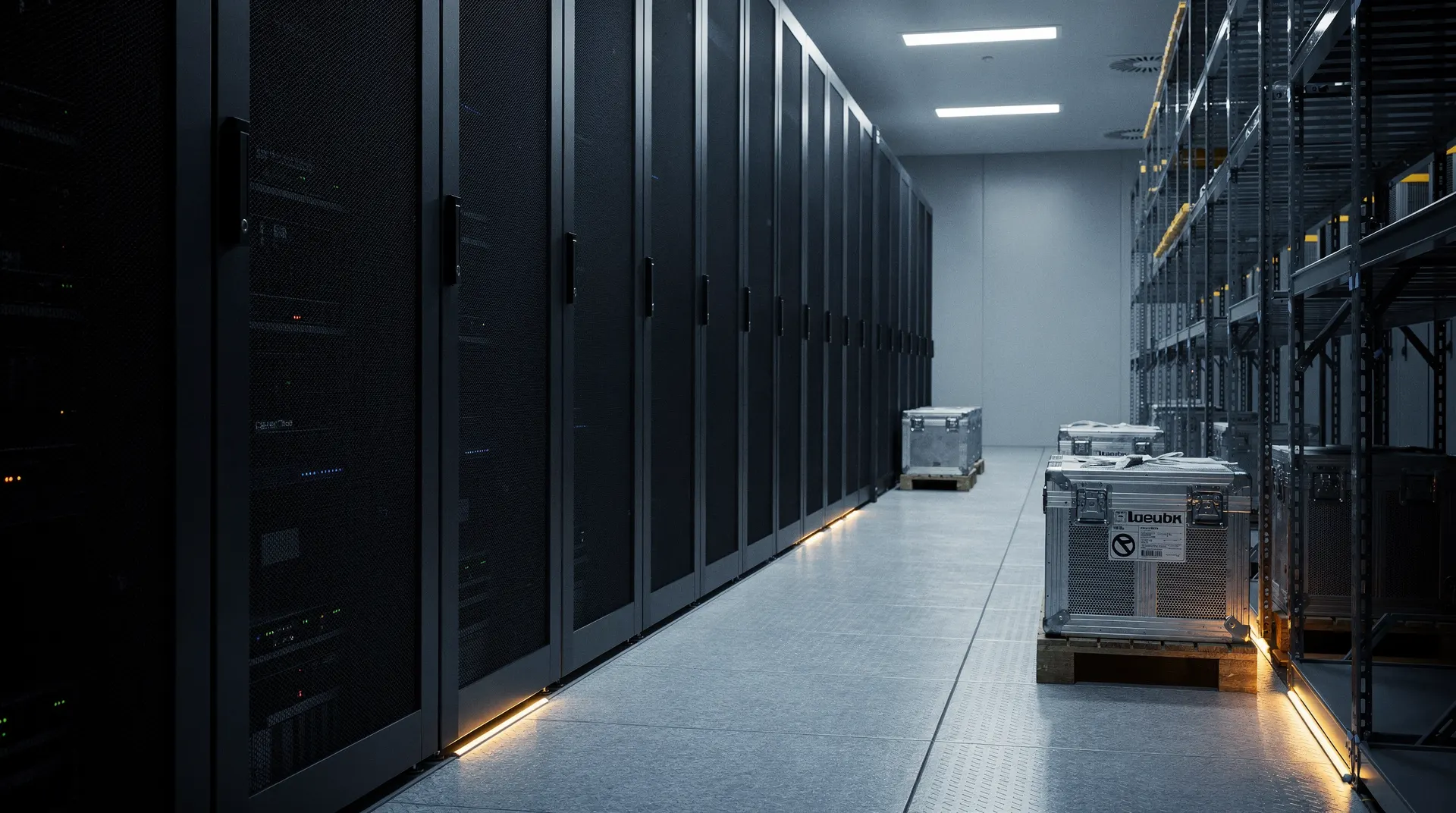 Filled server racks face empty bays and sealed crates in a dim data-center aisle.
