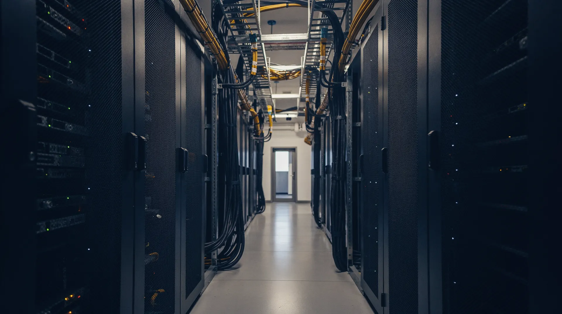 Closed server racks line a data-center aisle beneath overhead power conduits.