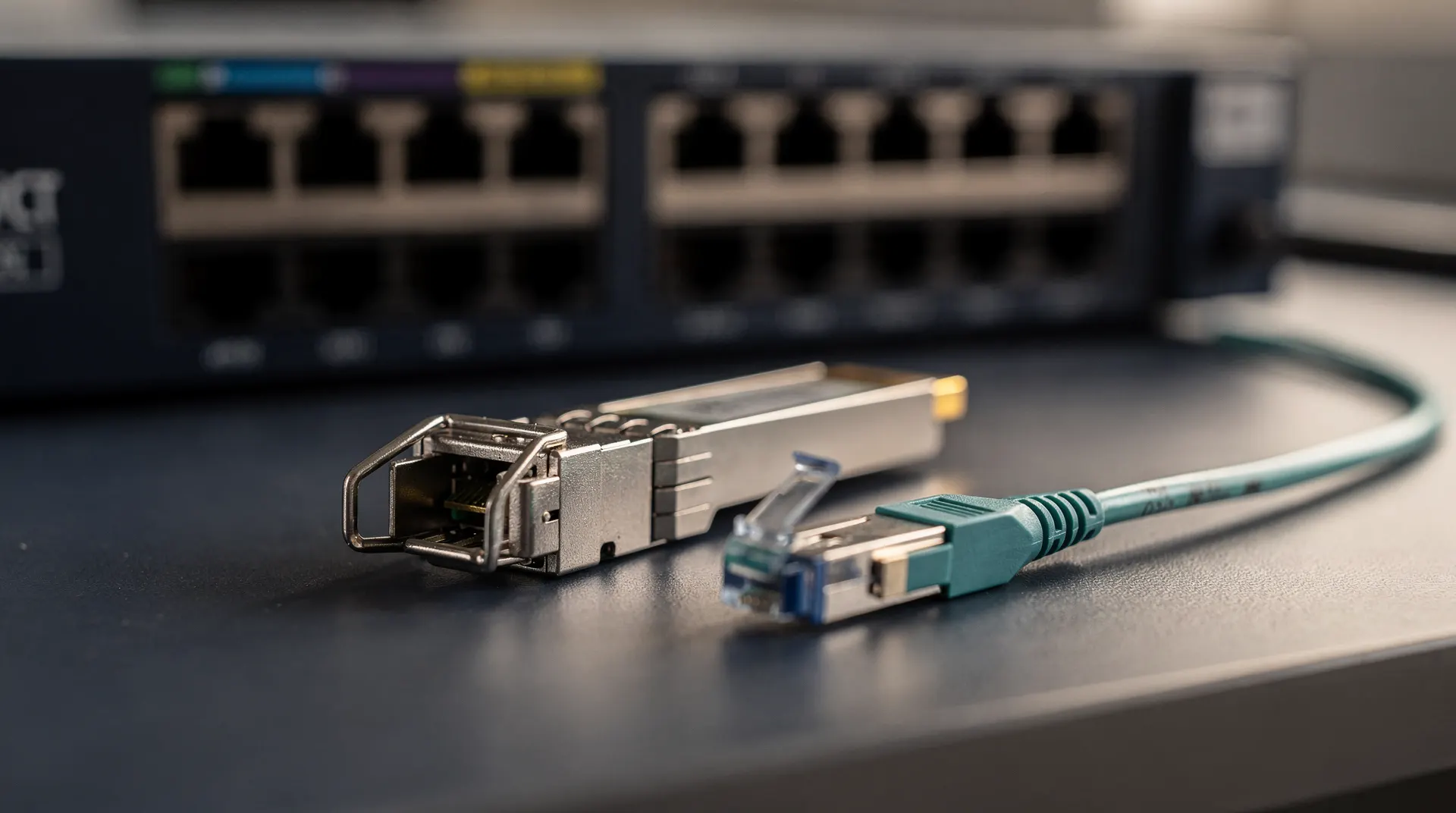An unbranded optical transceiver rests beside a loose fiber cable, with a network-switch chassis blurred behind it.