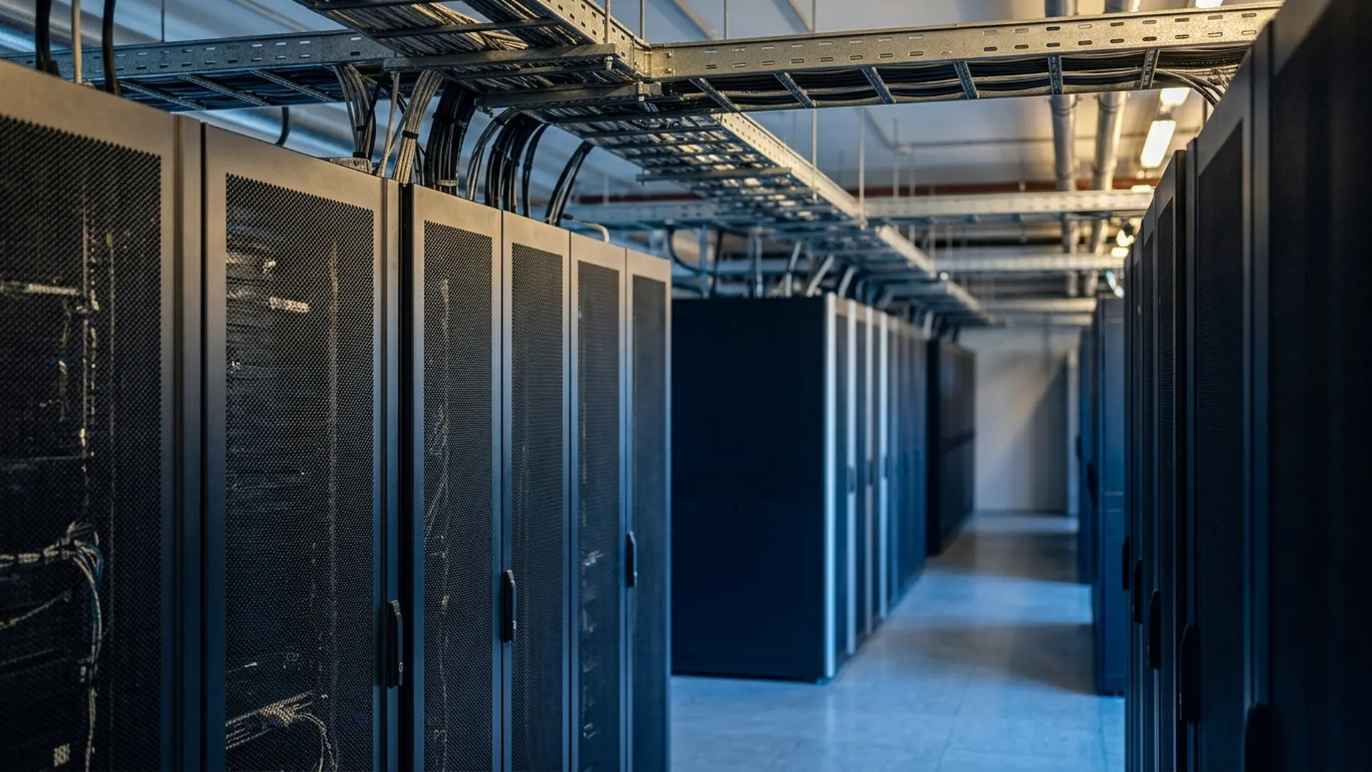 Closed server racks recede down a softly lit aisle in a research computing facility.