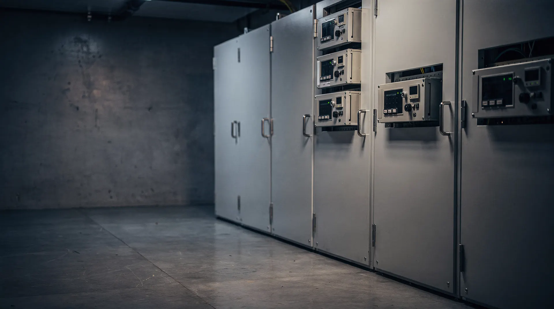 Closed server cabinets line an empty data-center aisle lit by a warm glow in the distance.