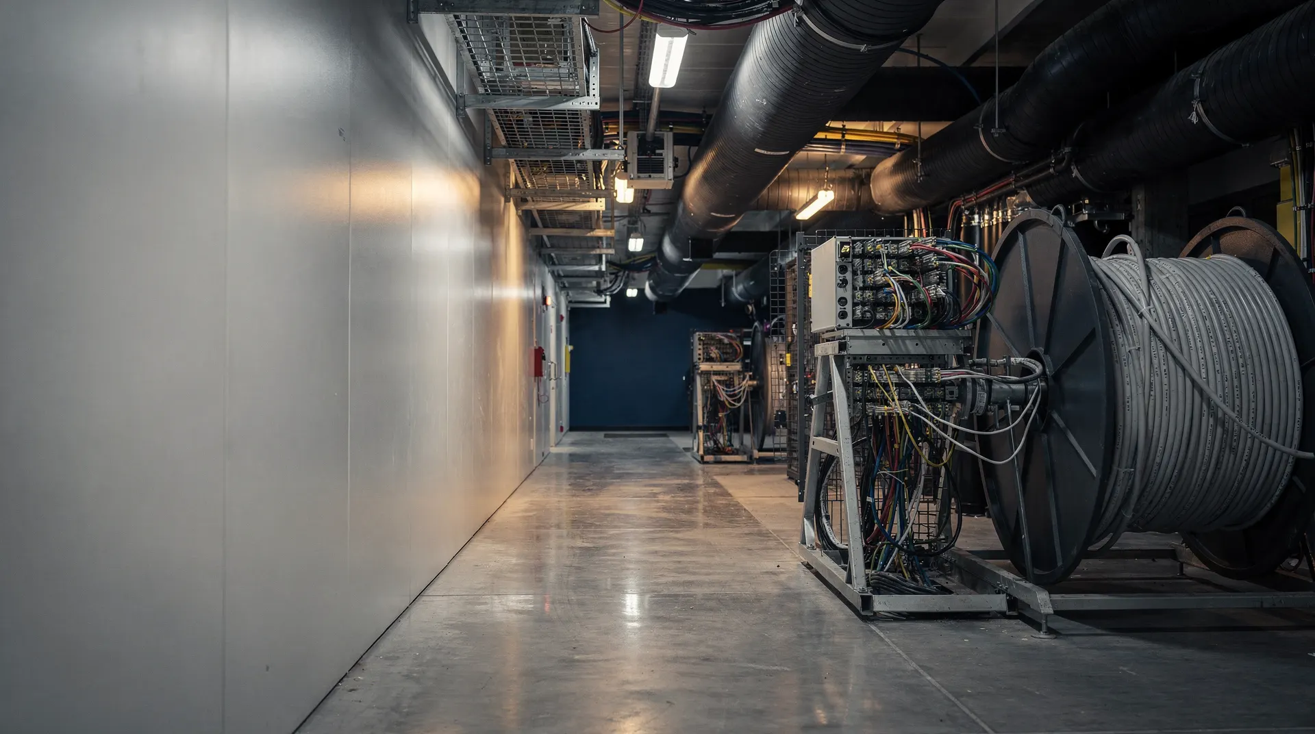 Server racks recede down a dim data center aisle beneath overhead cooling pipes.