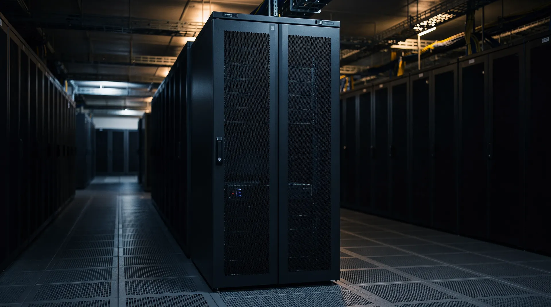 Server racks recede into the shadows of a quiet data center under muted blue and warm lighting.