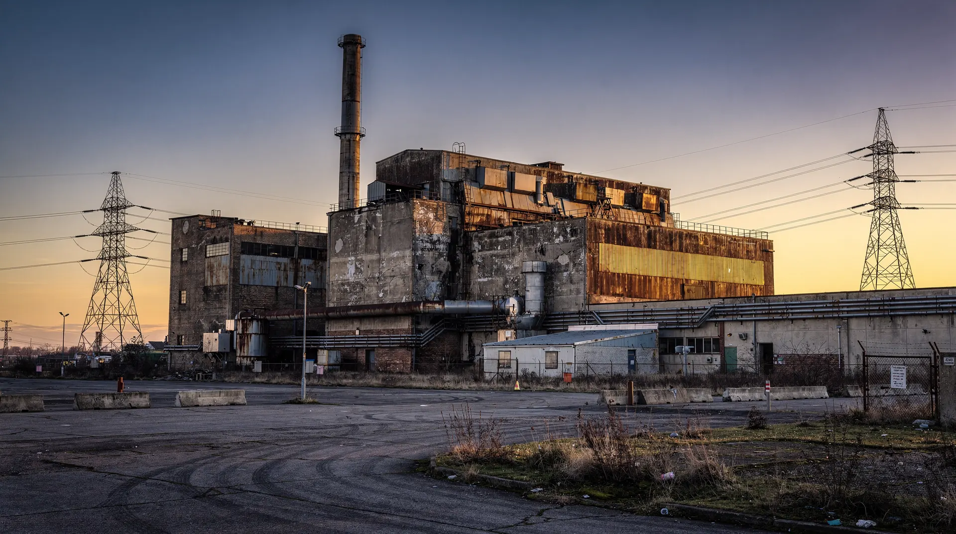 A quiet retired coal power station stands beside transmission pylons at dusk.