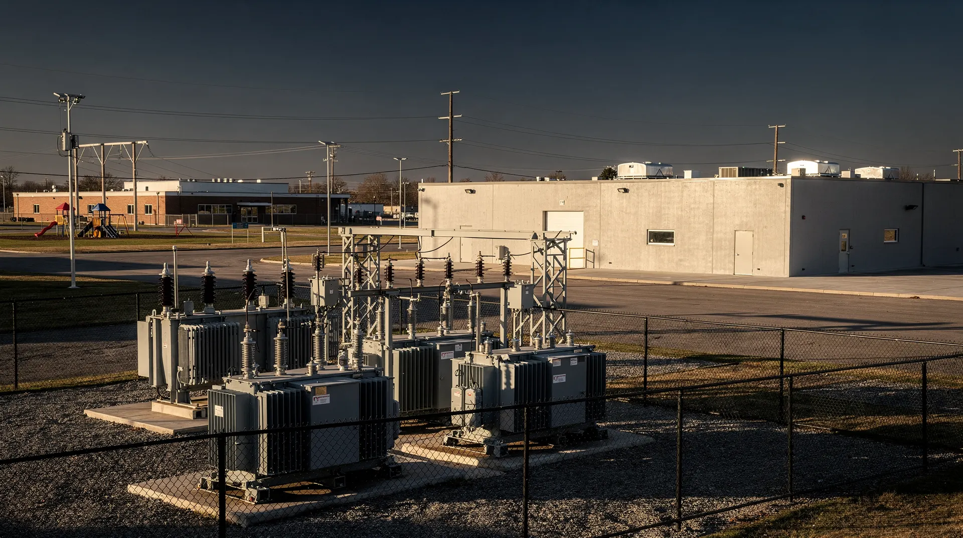 Electrical substation beside a data-center campus, with a school building and playground in the distance.